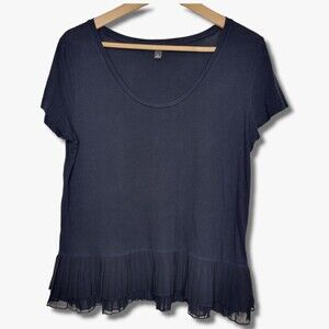 Banana Republic Black Pleated Peplum Style Chiffon Hem Short Sleeve Top Size S